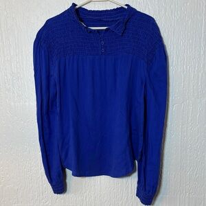 Bella Dahl Royal Blue Smocked Yoke Long Sleeve Top Women Size XS